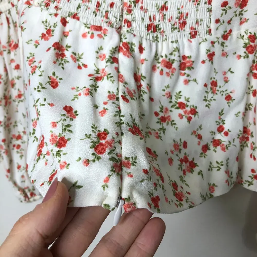 Reformation Cera Top White Red Floral Long Sleeve Button Front Sweetheart Neck 8